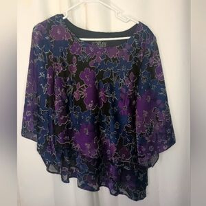 Alex Evenings Dark Floral Asymmetric Top Large Black Purple Layered Whimsigoth